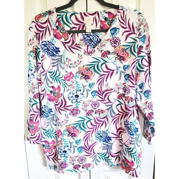 Chico's 3 T-shirt Pink Floral Size XL V-Neck Blouse Tropical Cotton Blend - Picture 1 of 7